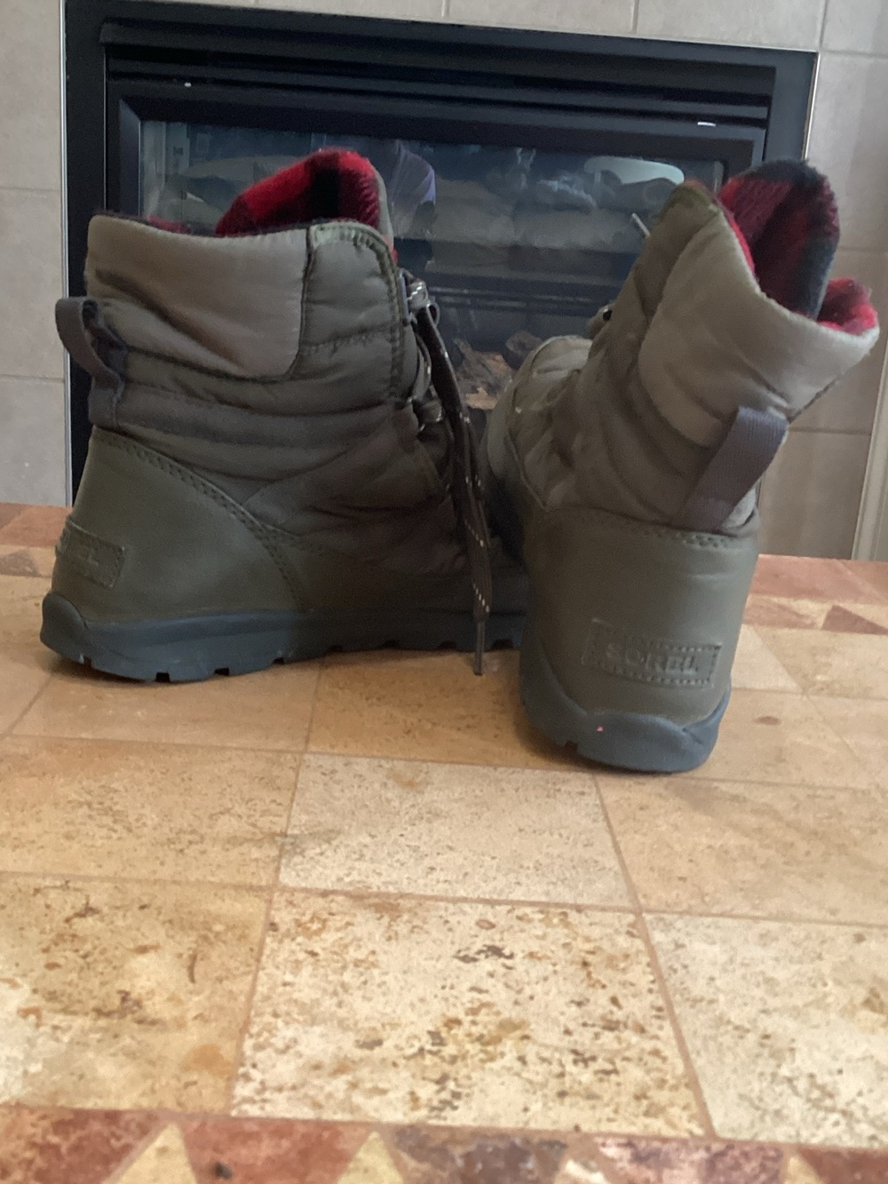 Sorel Olive Green Women's Winter Ankle Boots with Red Plaid Lining